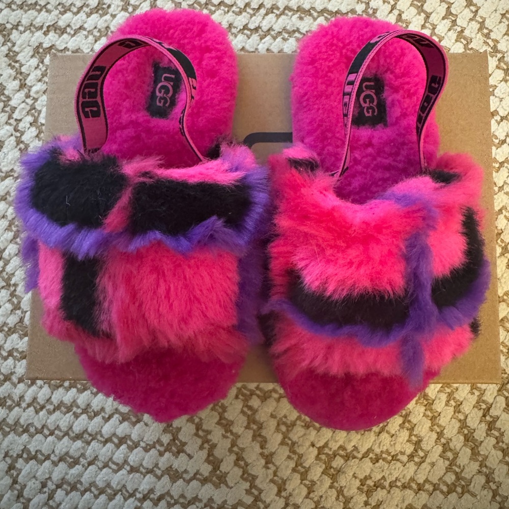 UGG Fuchsia and Black Fluffy Slides